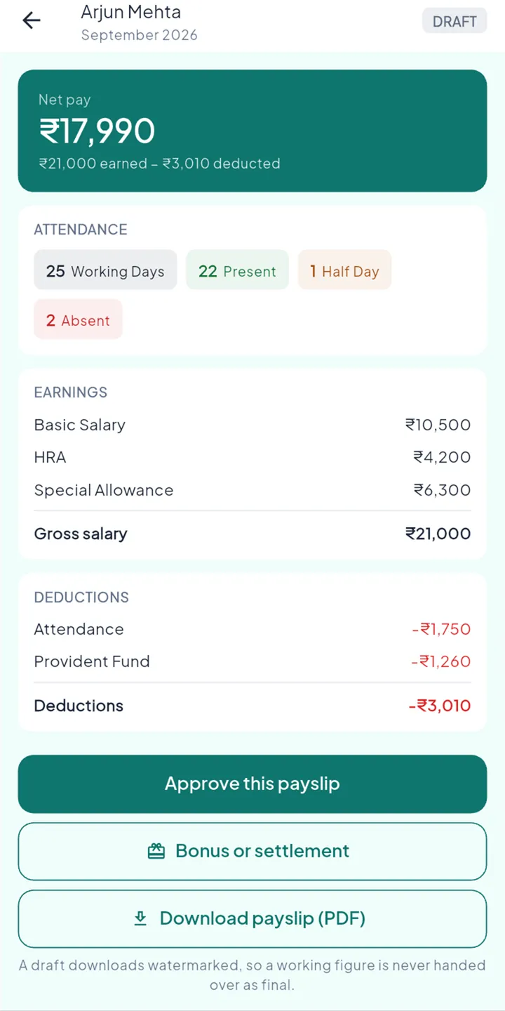A draft payslip for September 2026: net pay ₹17,990, the month's attendance, earnings of basic, HRA and special allowance, deductions, and buttons to approve it, add a bonus or download the PDF.