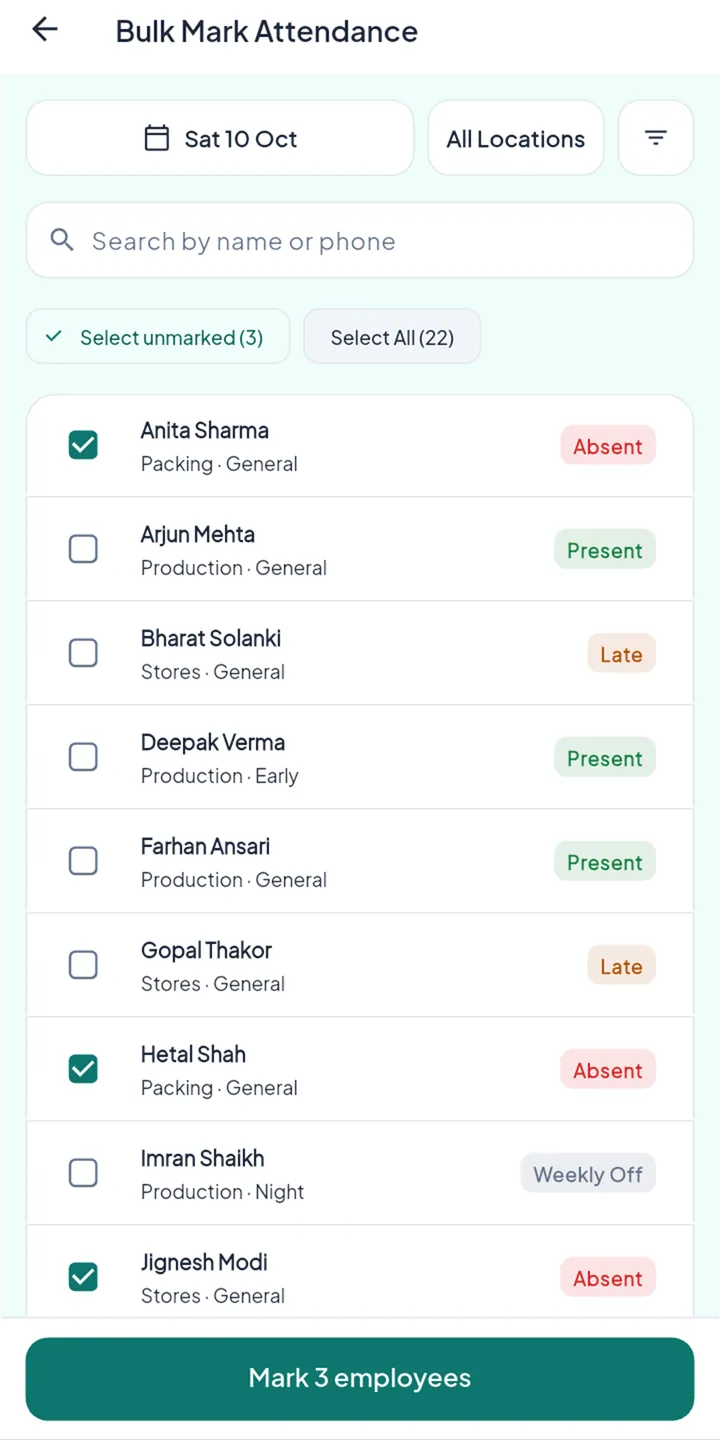 Bulk Mark Attendance for Saturday 10 October: a list of staff with each person's status for the day, three unmarked people selected, and a button to mark 3 employees.
